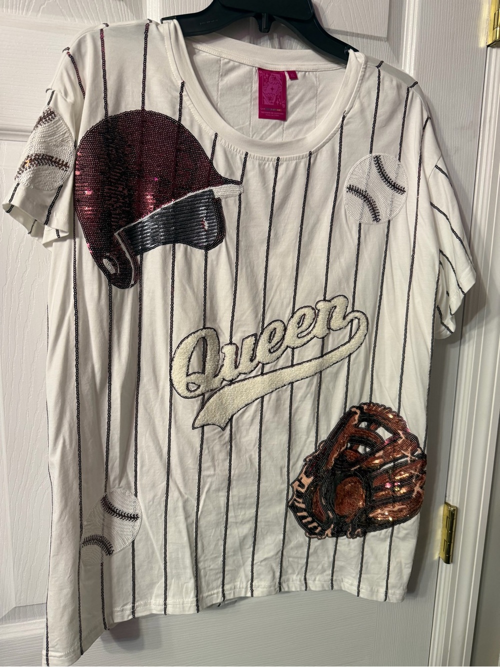 QUEEN OF SPARKLES White Pinstripe Sequin Baseball Tee